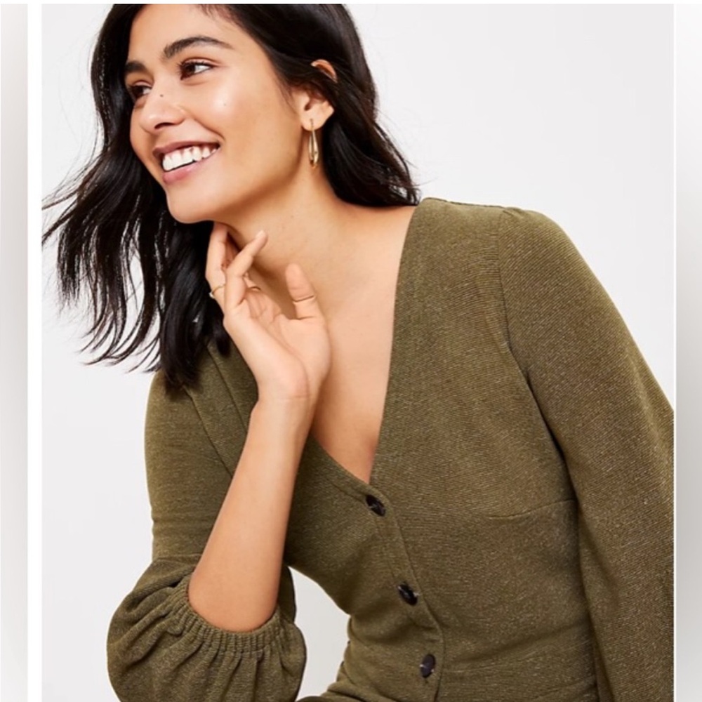 Loft Olive Green Ribbed Button-Front Dress w/ 3/4 Sleeves NWT | Size XL - Picture 3 of 15